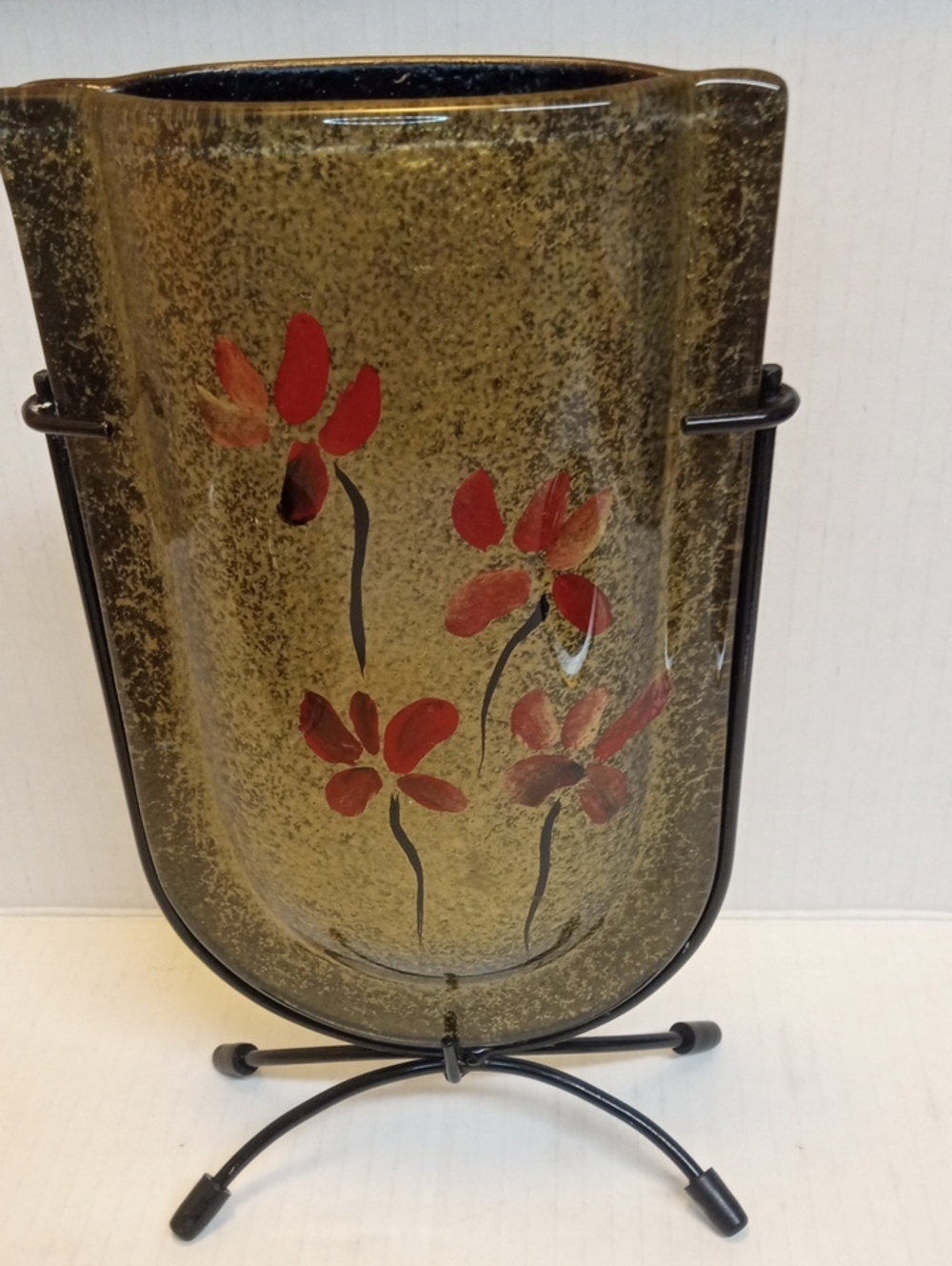 VASE ART GLASS U VASE 9" Abstract GOLD/Multi-Color + Stand Unique Piece